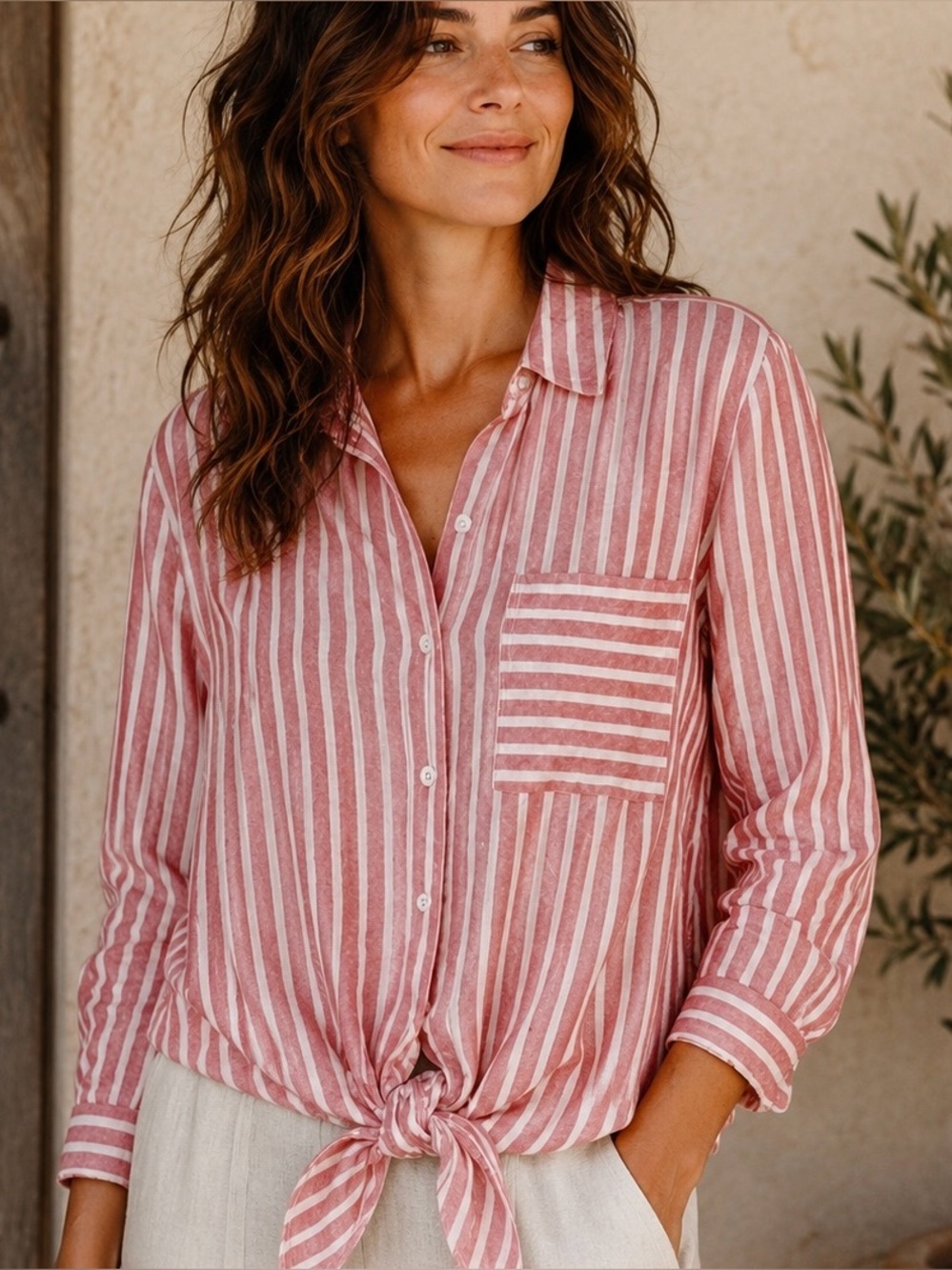 Lucky Brand Women’s Coral Cream Blue Pinstripe Button Down Shirt Large Top